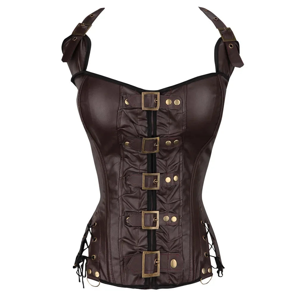 Steampunk Faux Leather Underbust Corset with Lace-Up Design - Image 2