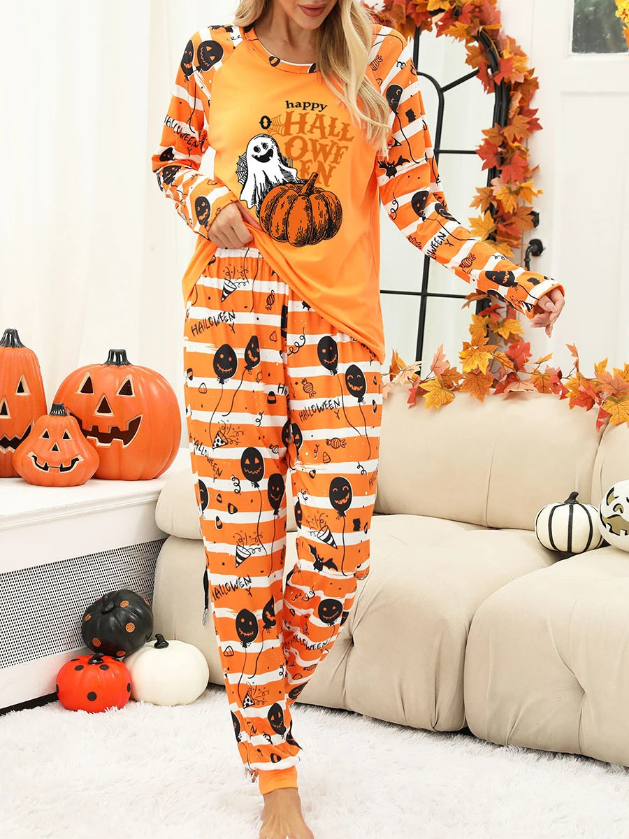 Ghost & Pumpkin Print Women's Halloween Pajama Set - Image 2