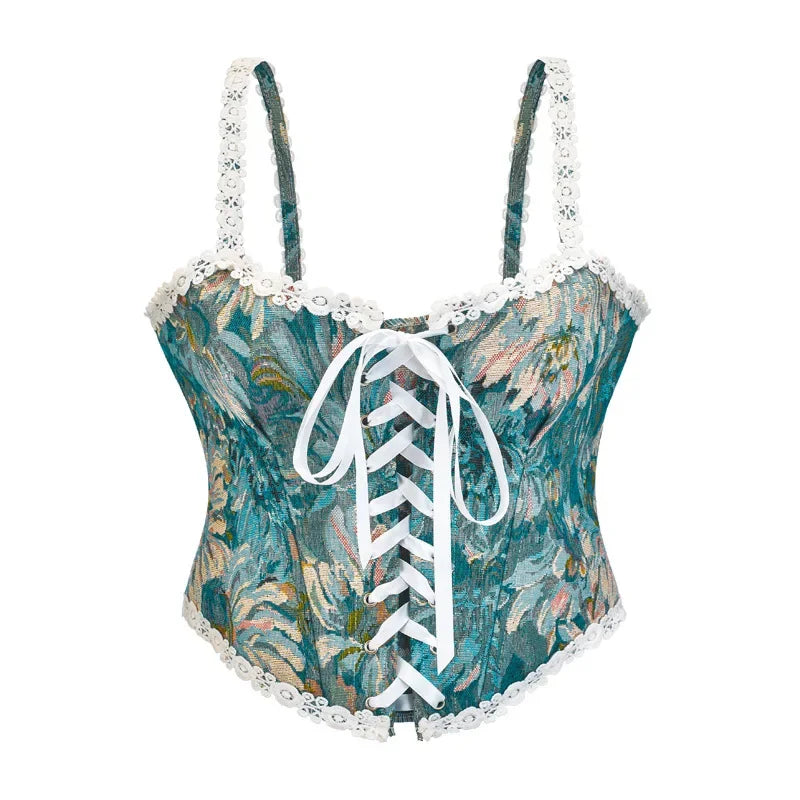 Elegant Lace-Up Overbust Corset with Oil Painting Pattern - Image 2