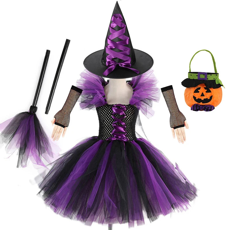 Kids Witch Tutu Dress with Hat and Broom Costume - Image 19