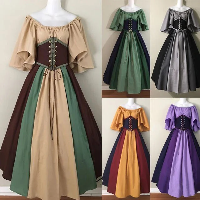 Medieval-Inspired Color Contrast Swing Skirt with Flying Sleeves - Image 11