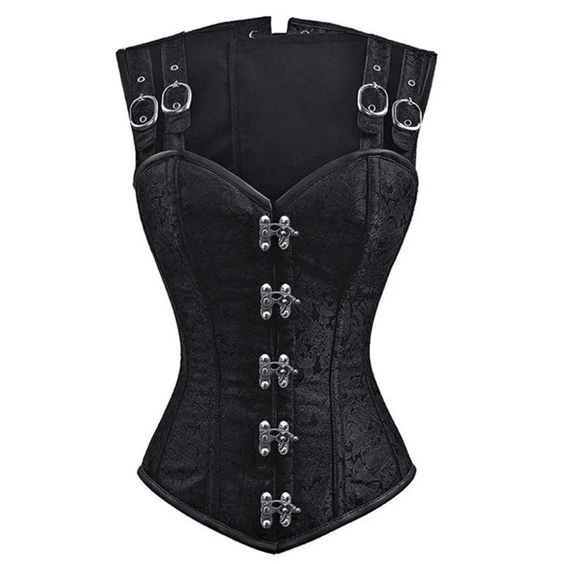 Gothic Steampunk Overbust Corset with Steel Bones and Buttons - Image 14