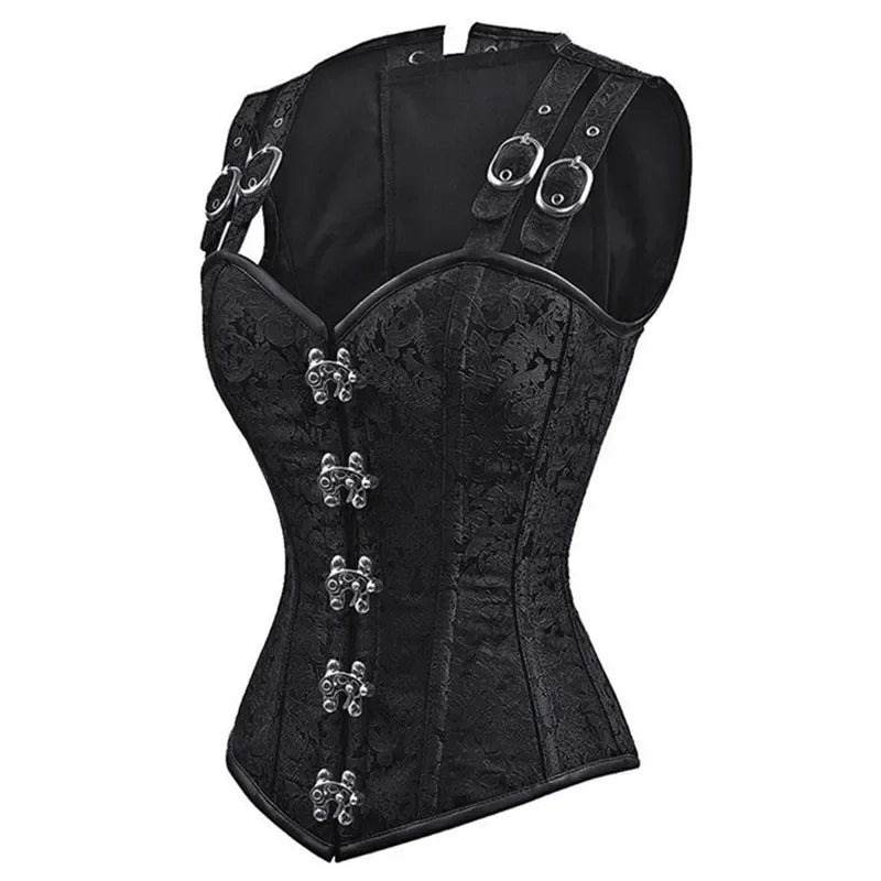 Gothic Steampunk Overbust Corset with Steel Bones and Buttons - Image 3