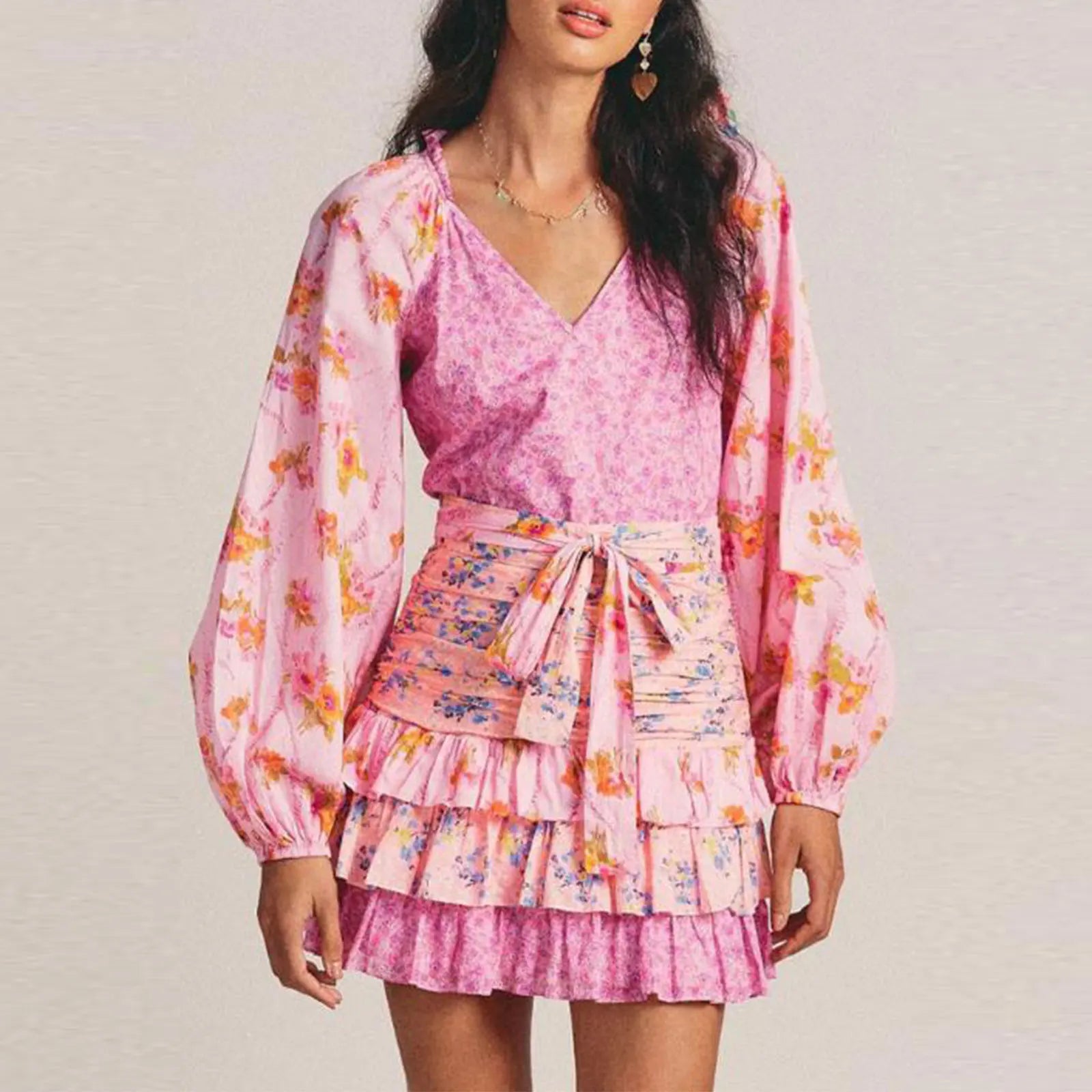 Floral V-Neck Ruffle Mini Dress for Summer Events