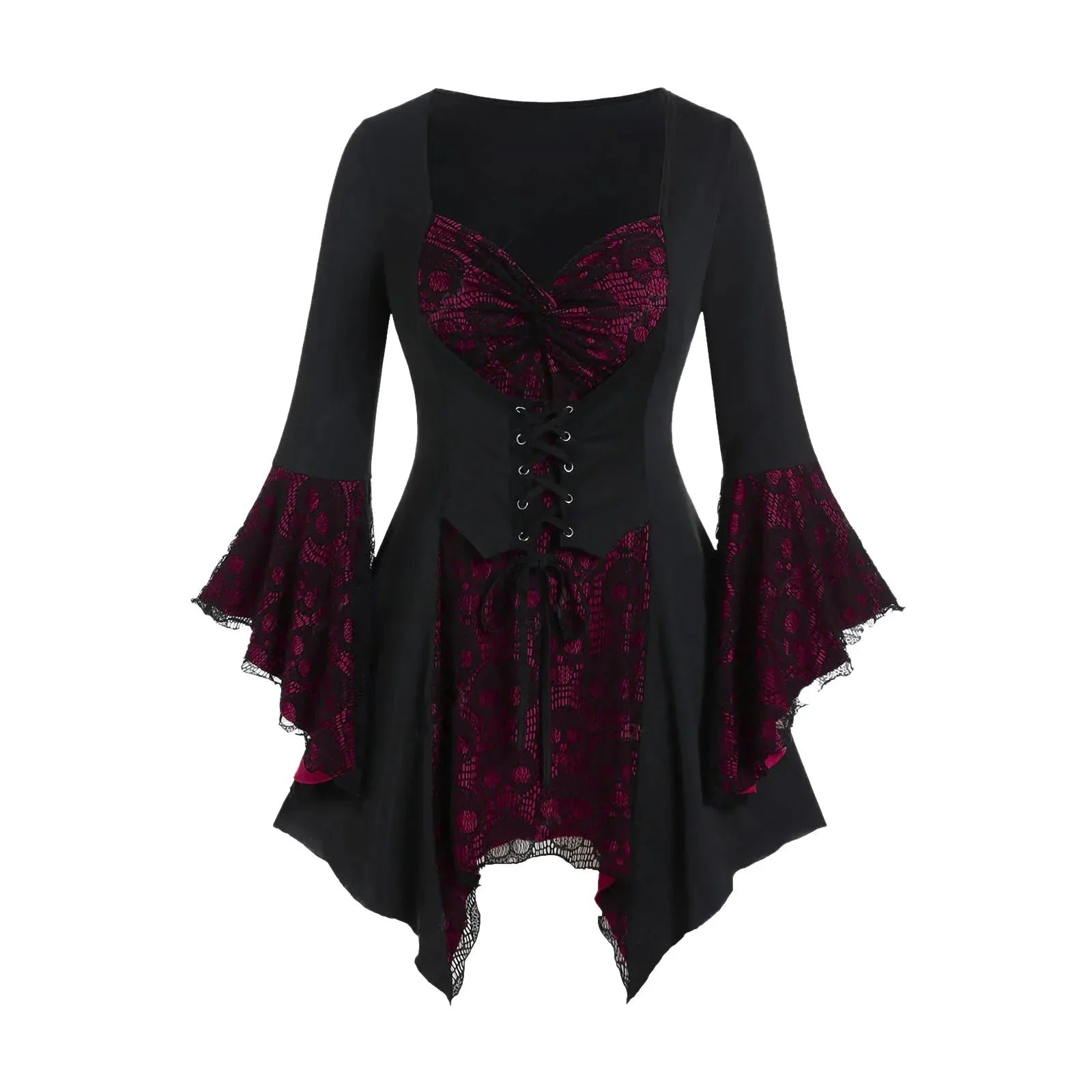 Gothic Lace Ruffle Mini Dress with Bell Sleeves - Image 17