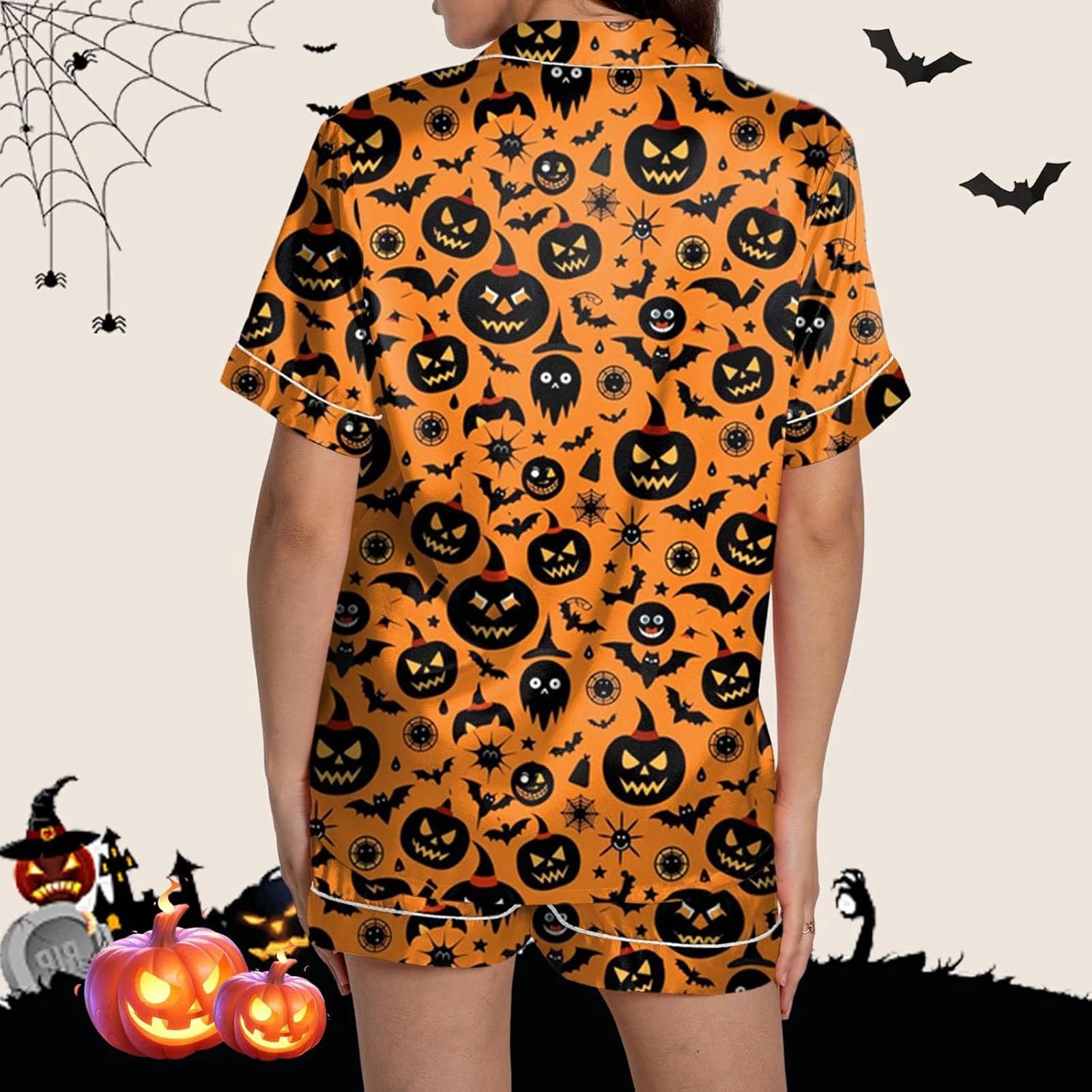 Women's Ghost Print Halloween Pajama Set with Shorts - Image 5