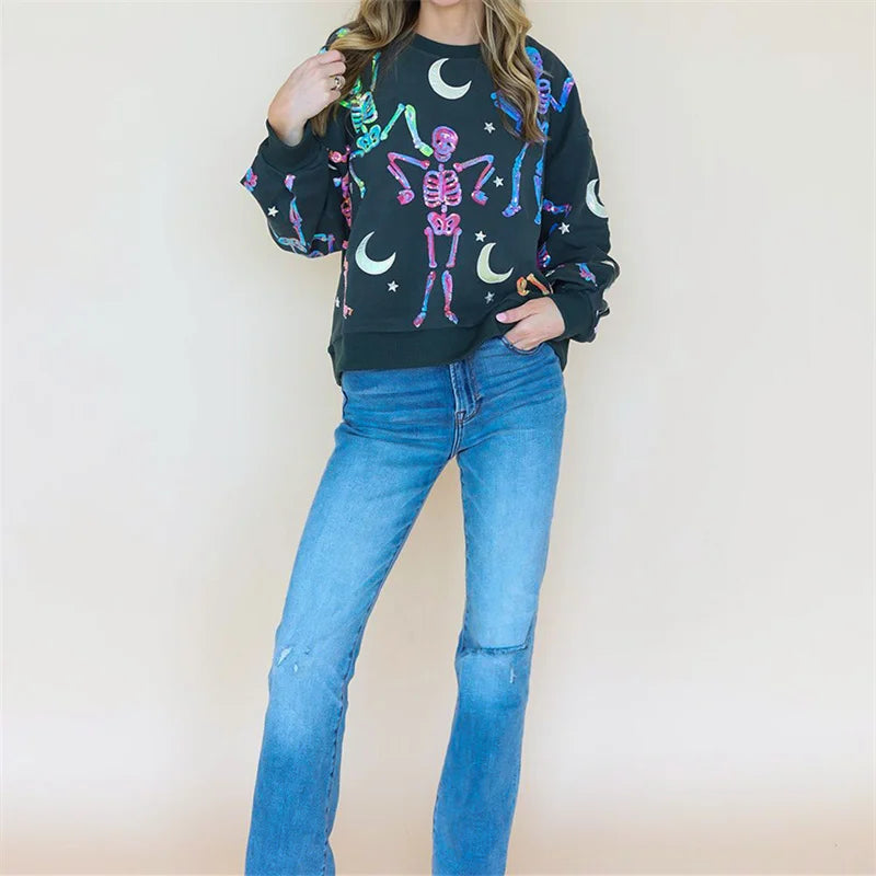Sparkly Skeleton Graphic Sweatshirt for Women's Halloween Style - Image 7