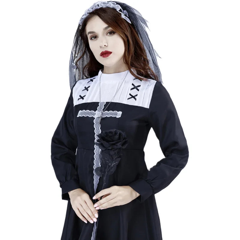 Gothic Nun Bride Cosplay Dress for Halloween Parties - Image 7