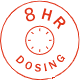 Icon of a pill with text 8 hour dosing showing that Delsym product is effective for up to 8 hours.