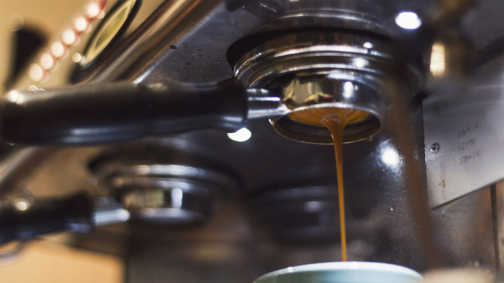 Espresso pouring from 
machine into small ceramic cup