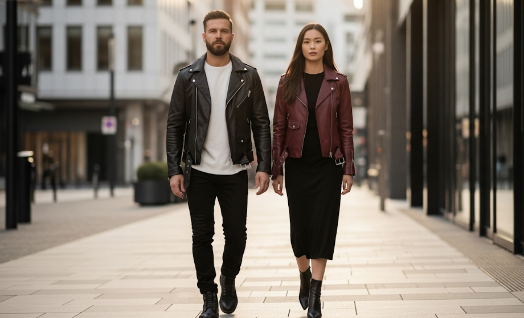 Man and woman walking confidently at golden hour in LuxeAura biker jackets, styled with boots and urban outfits against a cinematic city backdrop.