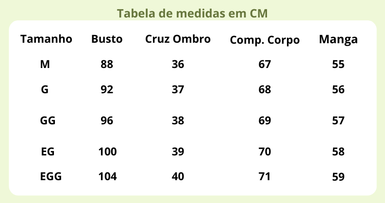 Tabela de Medidas da Facini