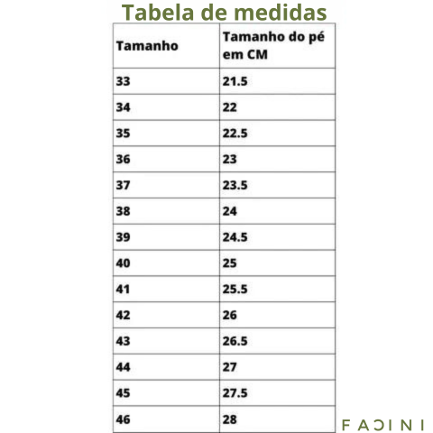 Tabela de Medidas Oficial da Facini