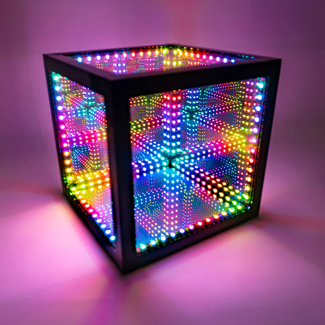 A colorful cube adorned with LED lights, perfect for Halloween