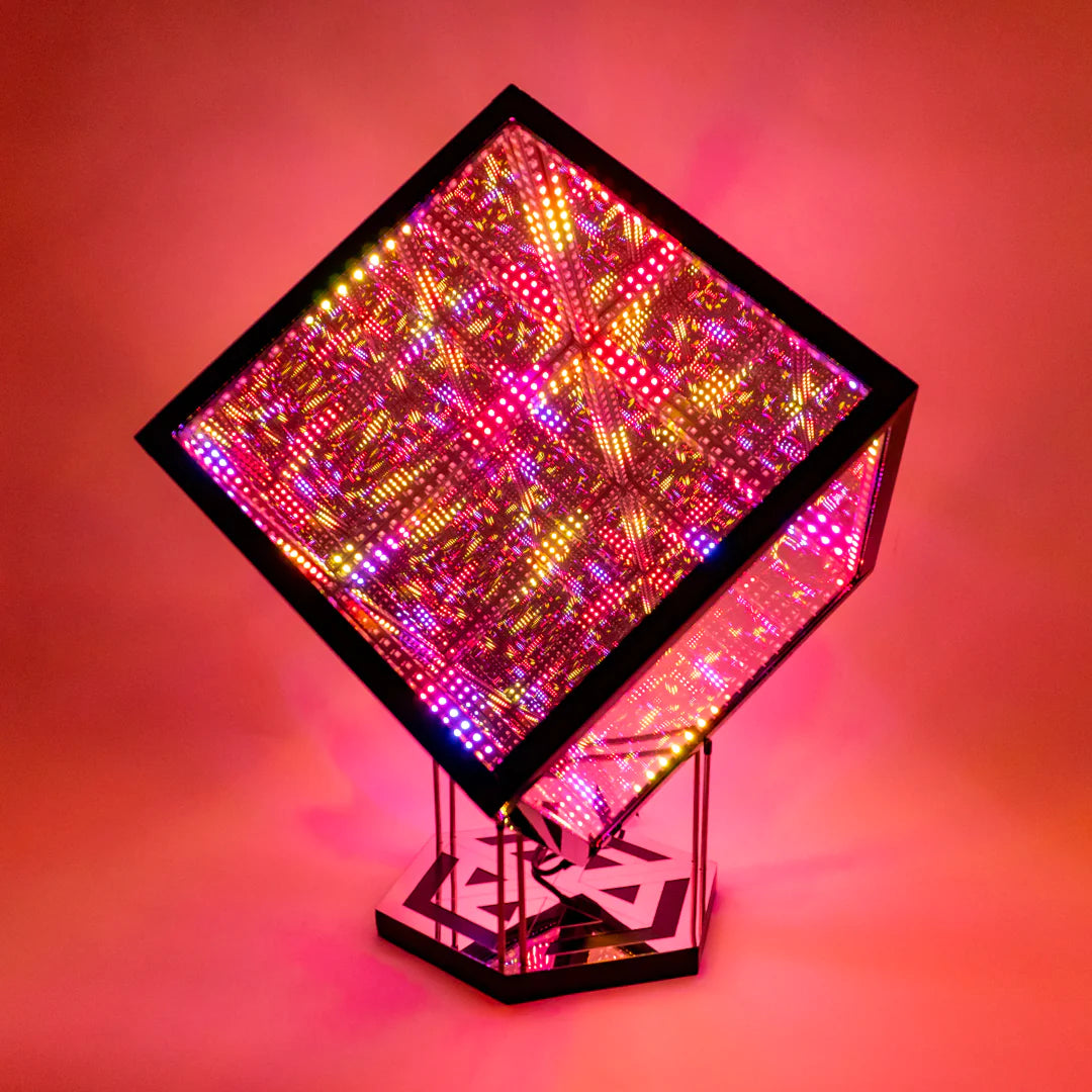 A colorful cube of LED lights table centerpiece for Halloween