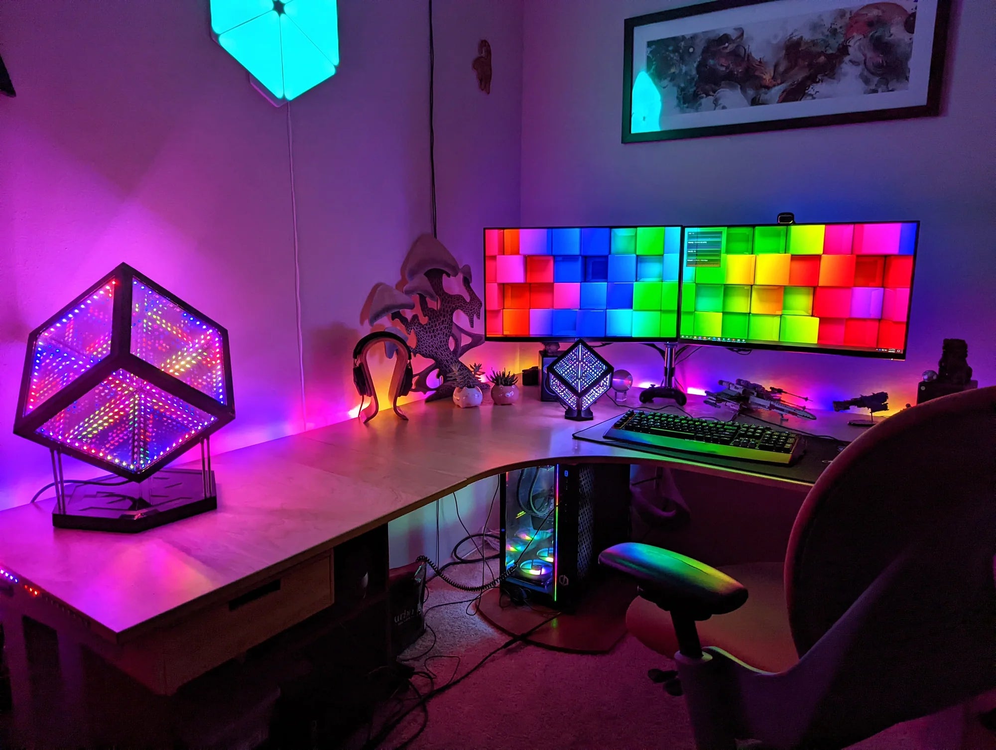 A computer desk with vibrant, best christmas lights