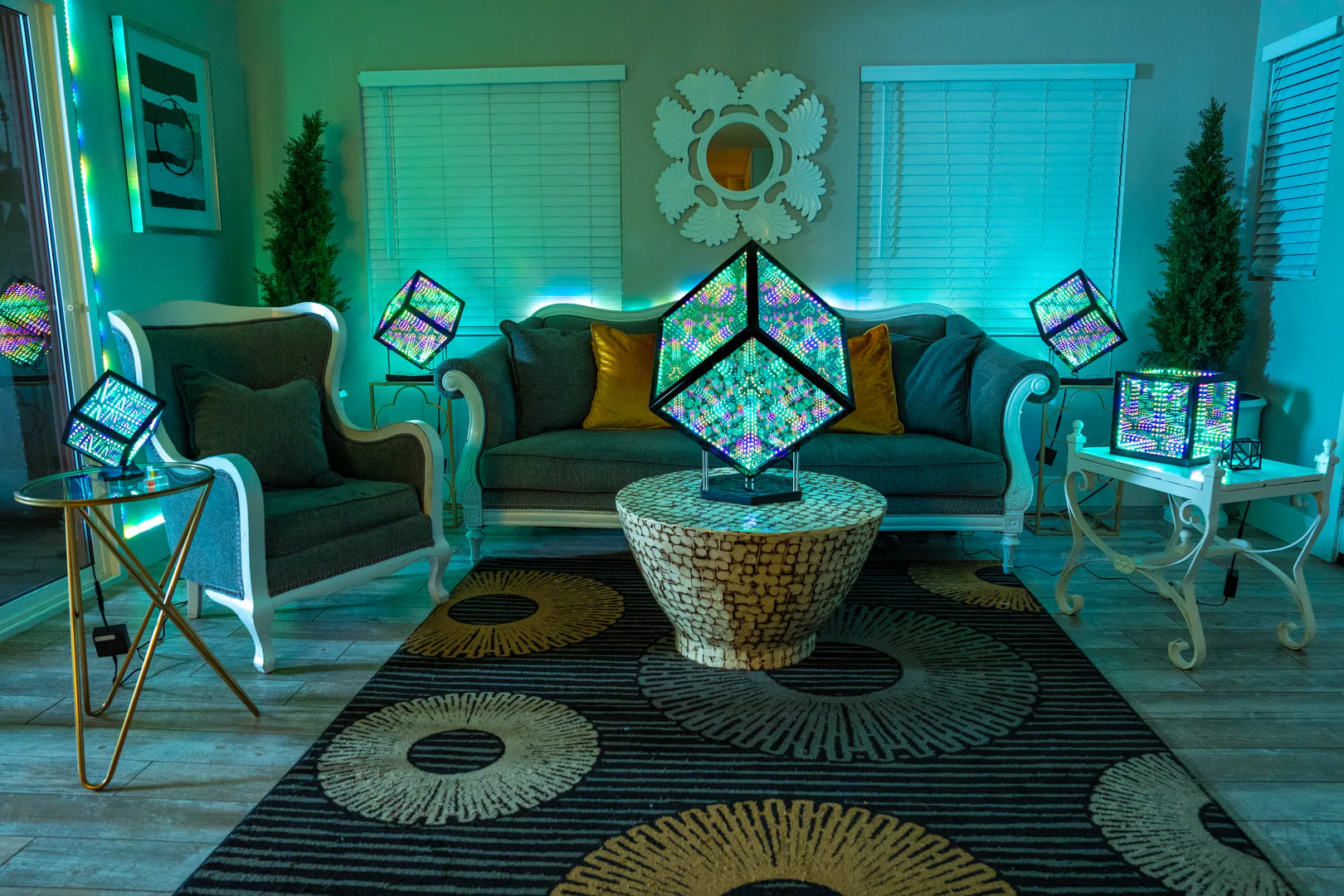 A vibrant LED cube illuminating a living room table during the holiday season with the best Christmas lights.