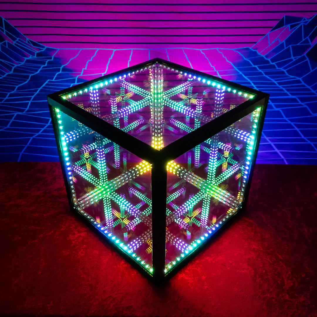 A vibrant LED cube illuminating a living room table during the holiday season with the best Christmas lights.