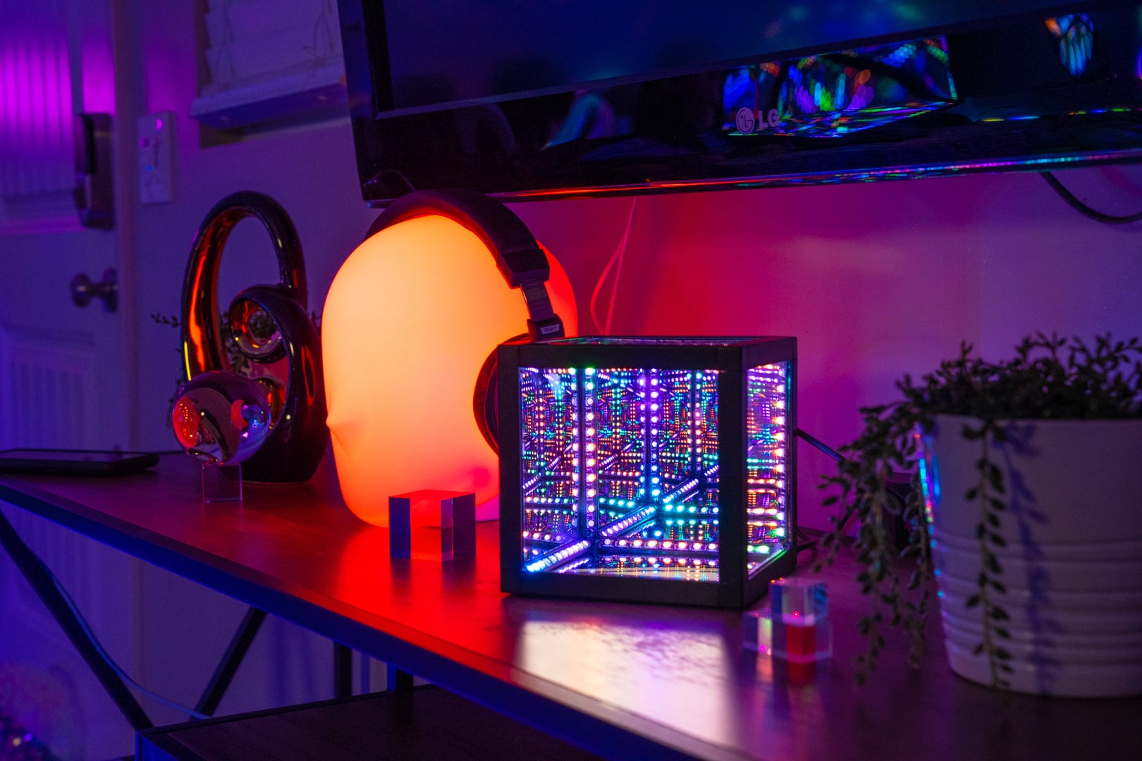HyperCube on a desk of a gamer who research what are color changing lights called