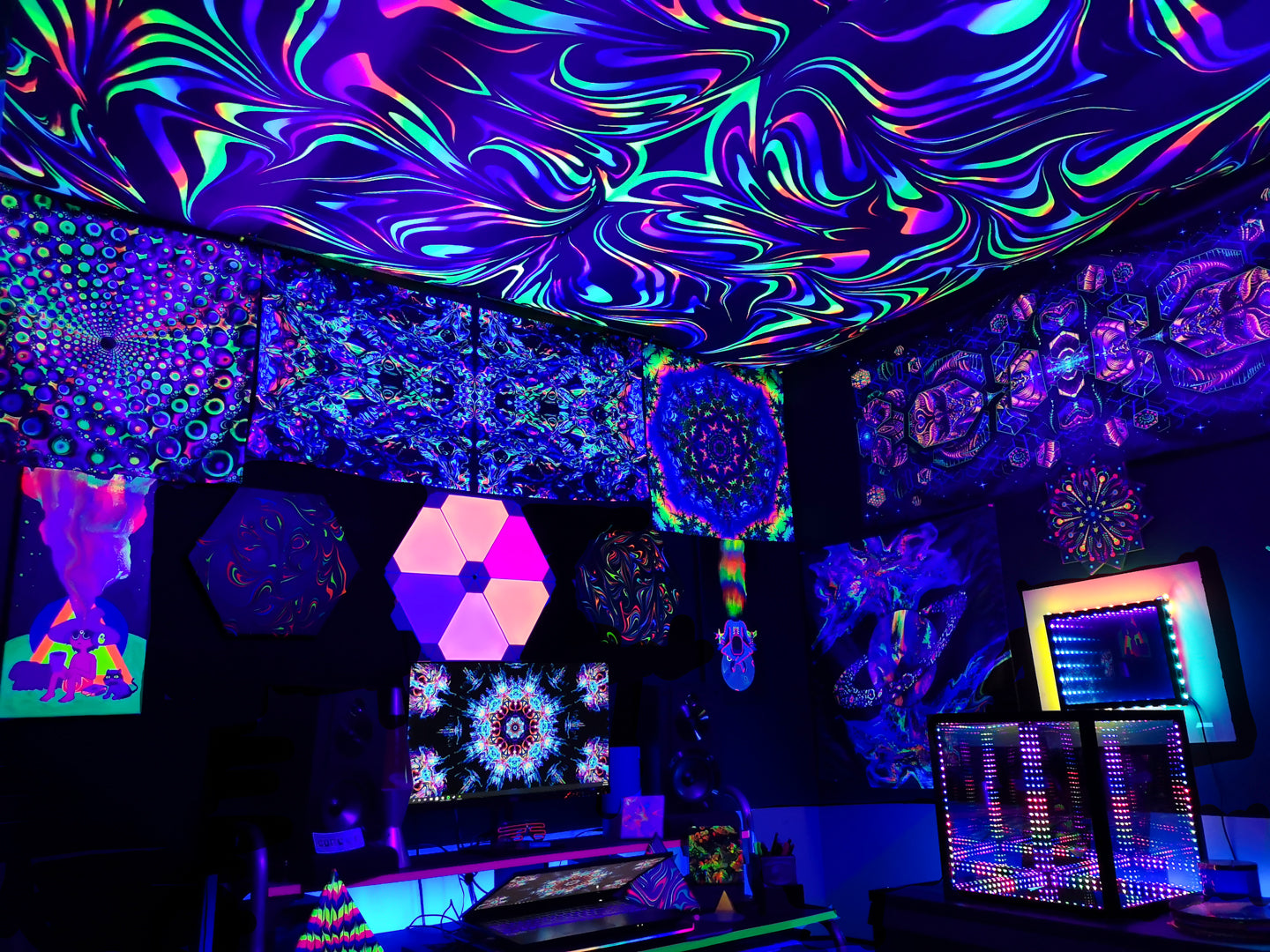 Corner of a room with many creative decorative lighting ideas including trippy art and HyperCubes