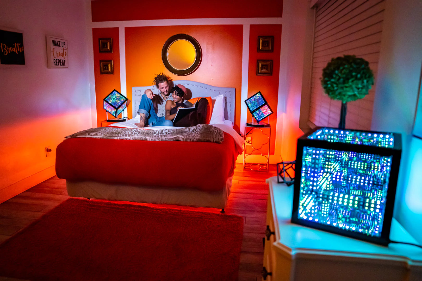 blue led light cube in bedroom