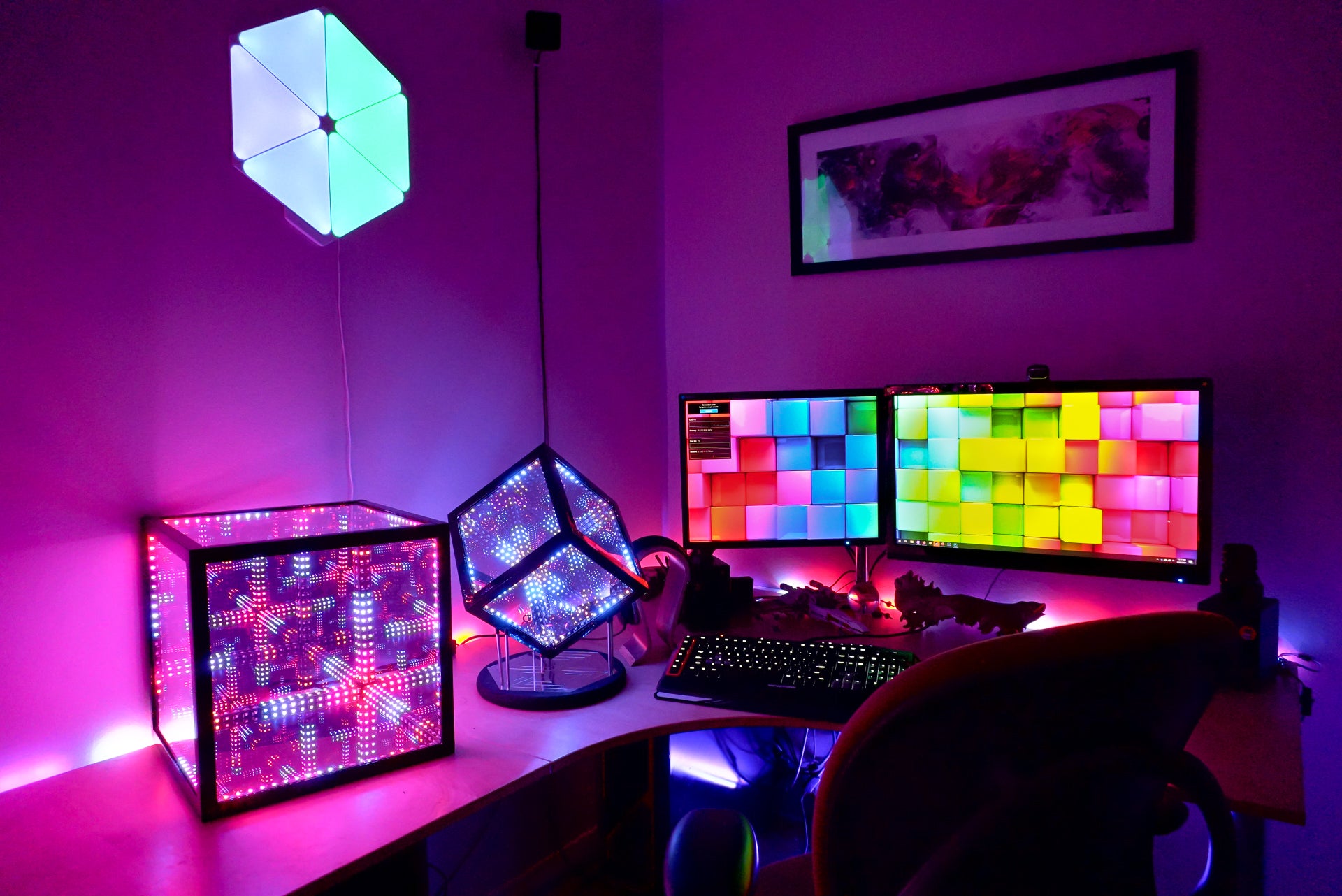 desk setup with wall lighting