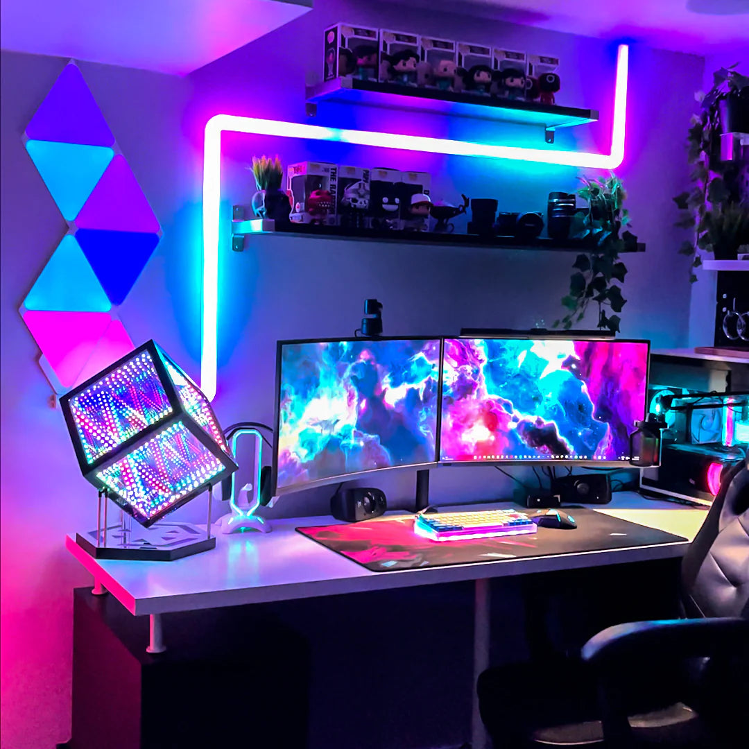 desk with rbg led cubes on it