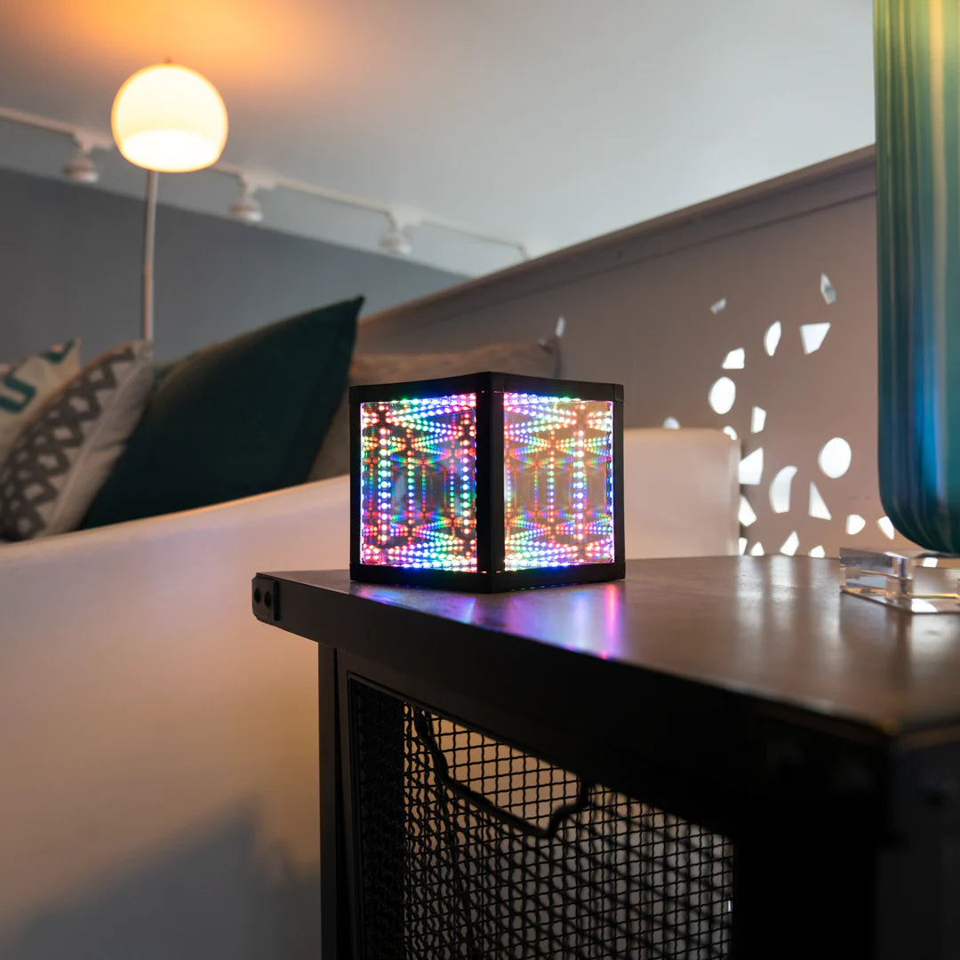 led cube in lit room