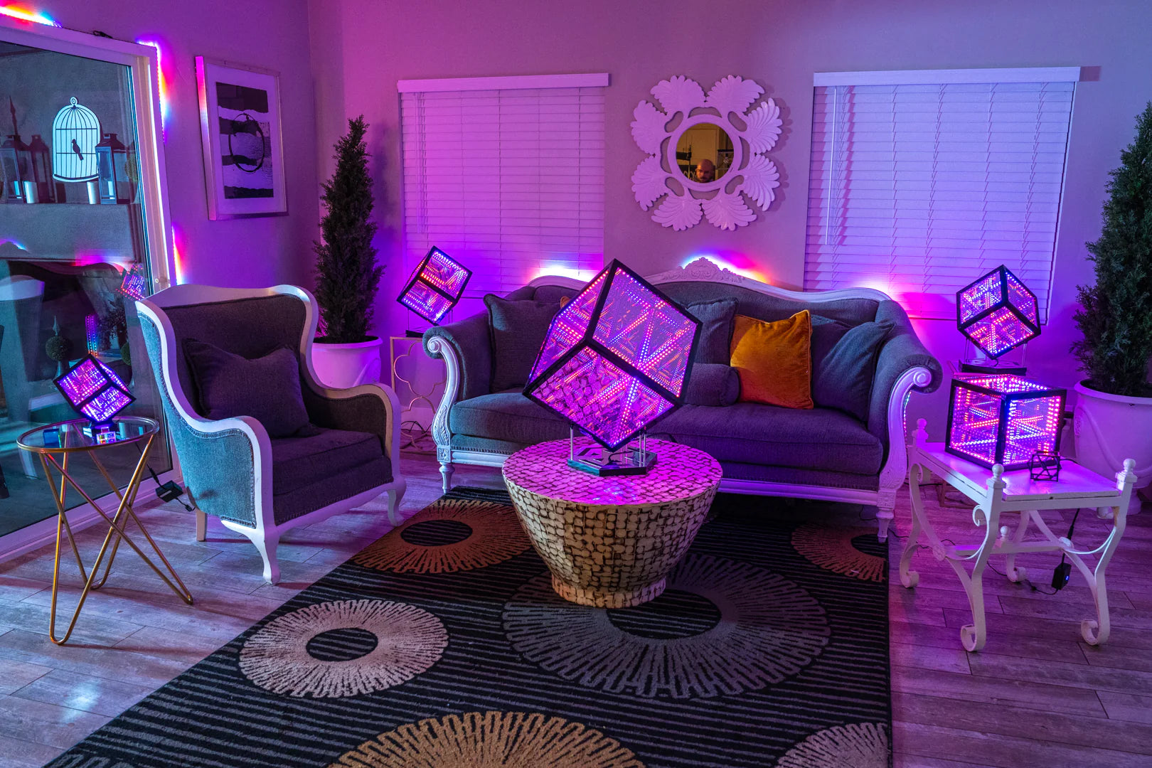 living room with infinity cube mood lighting