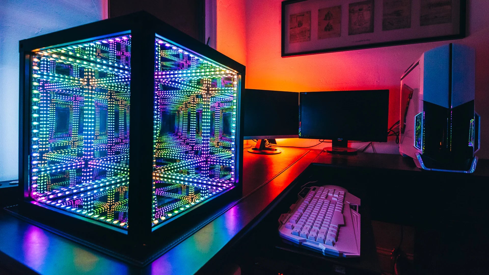 multi colored led cube on desk