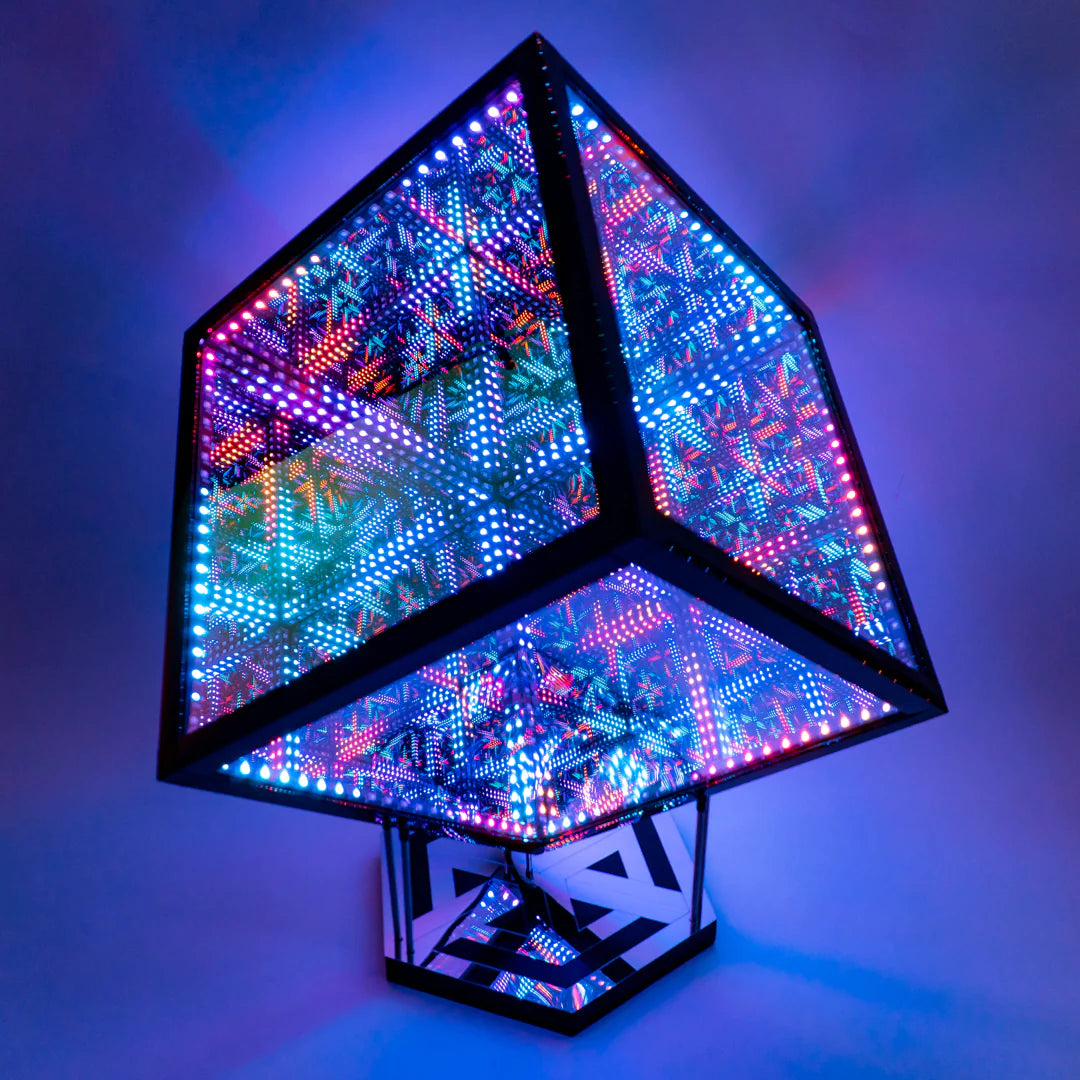 multicolored rgb led cube on a stand
