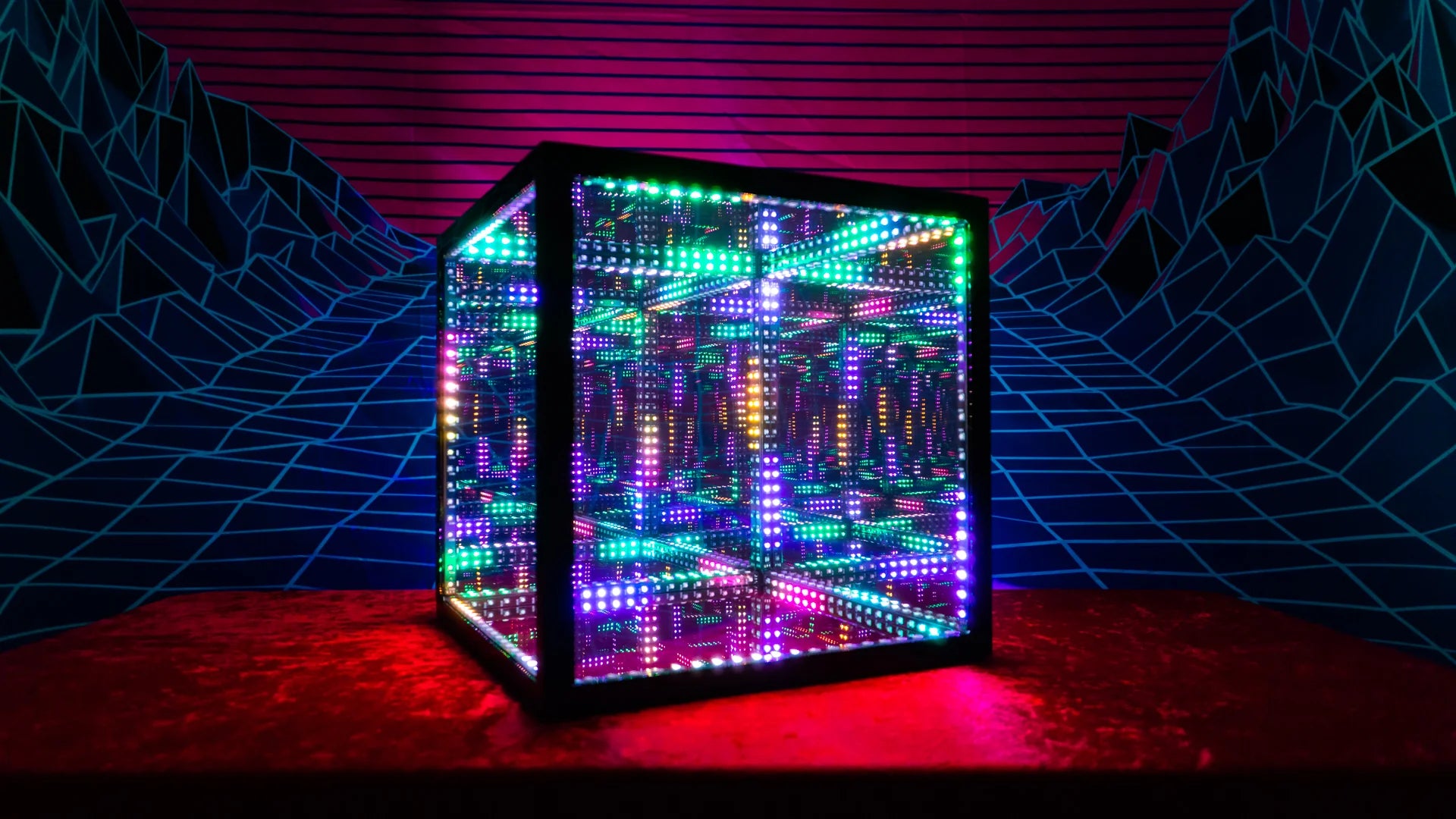 multi colored rgb led infinity cube with retro background