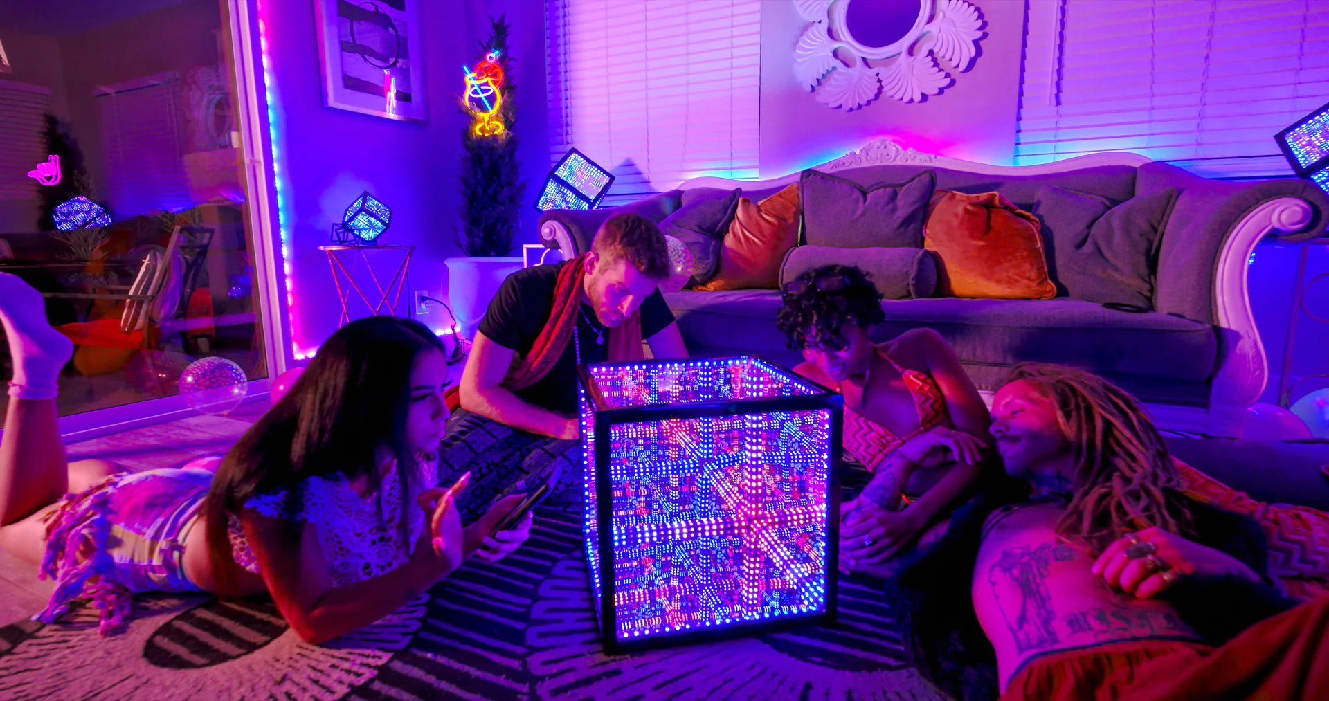 purple colored cube on floor of living room