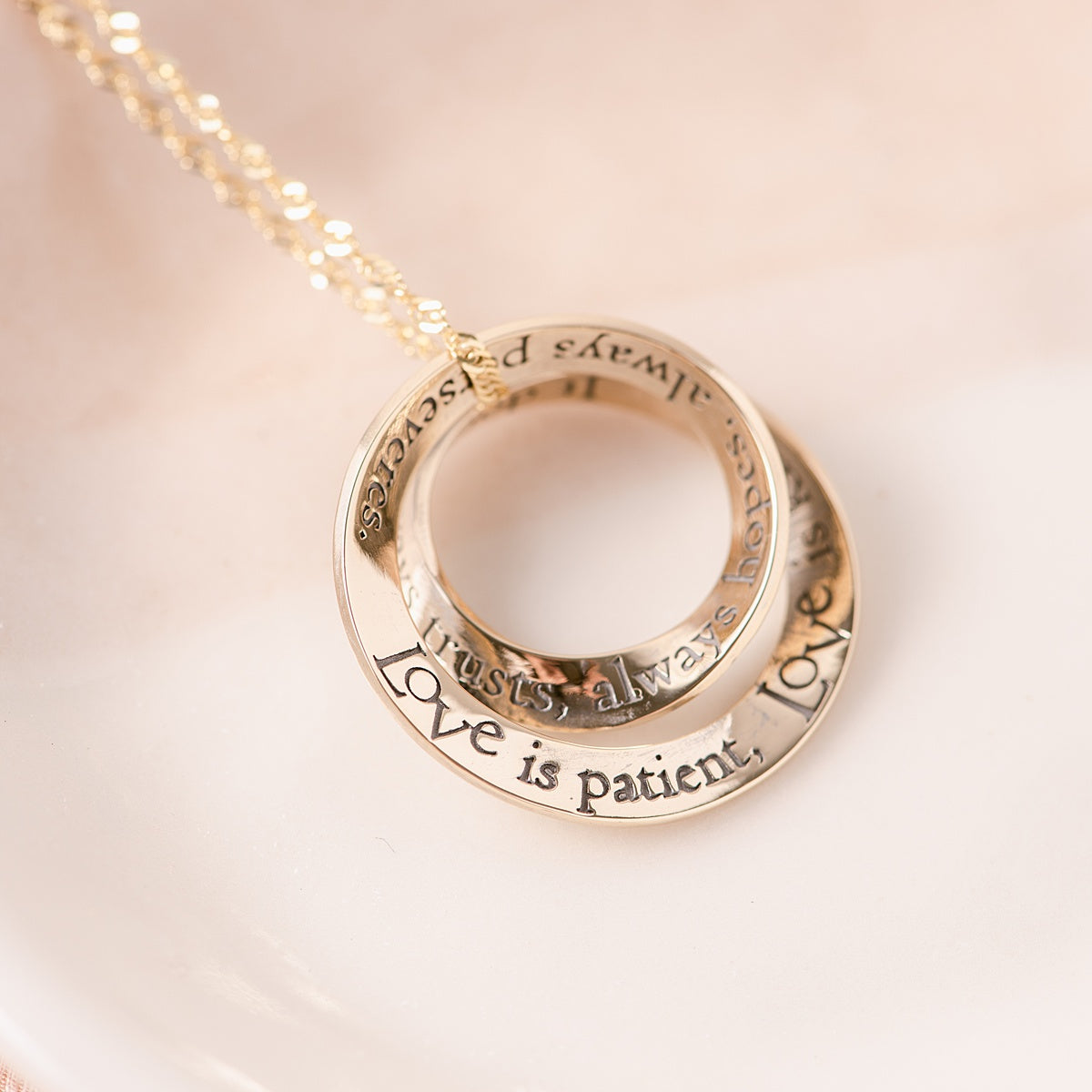 14k Gold Love Is Patient Double Mobius Necklace 1 Corinthians 13 Clothed With Truth