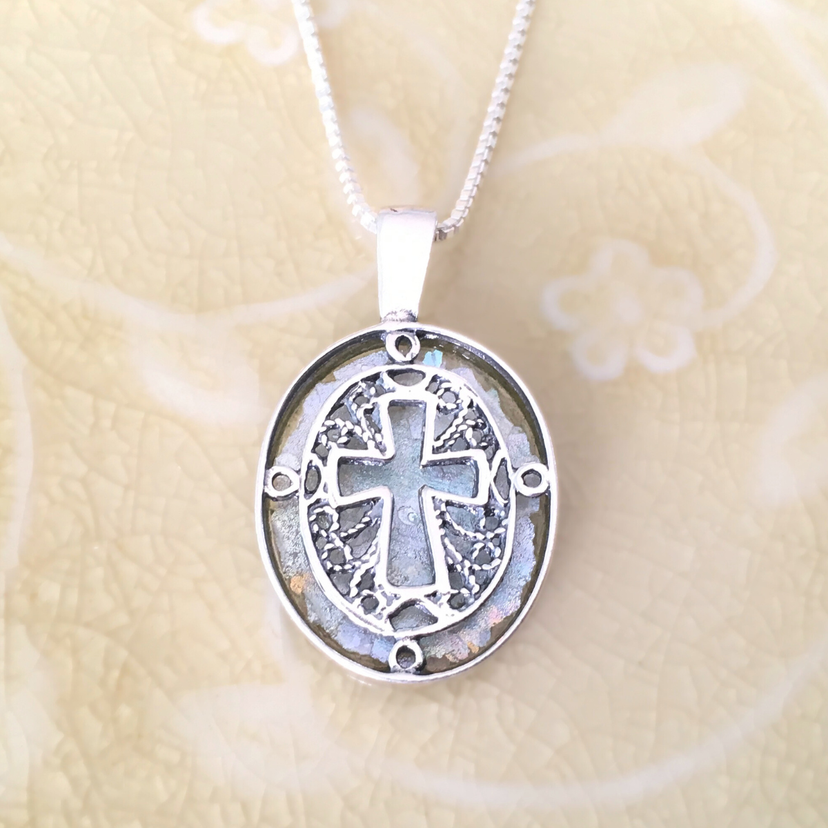 Pewter Crystal Cross Round Magnifying Glass Necklace - Catholic Gifts &  Books