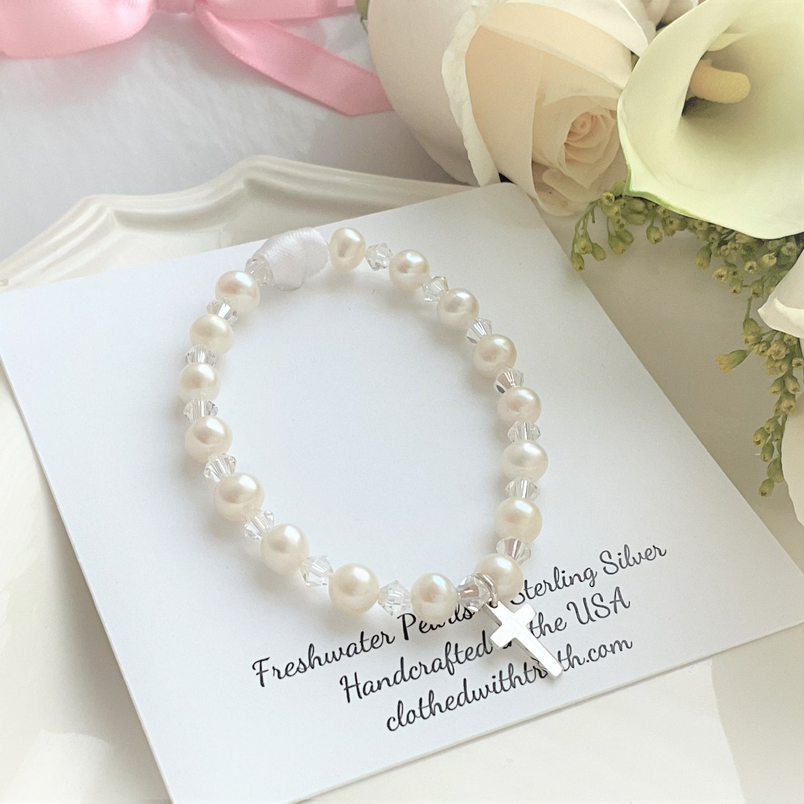 Crystal and Pearl Christening Bracelet By Gifted Memories Faith