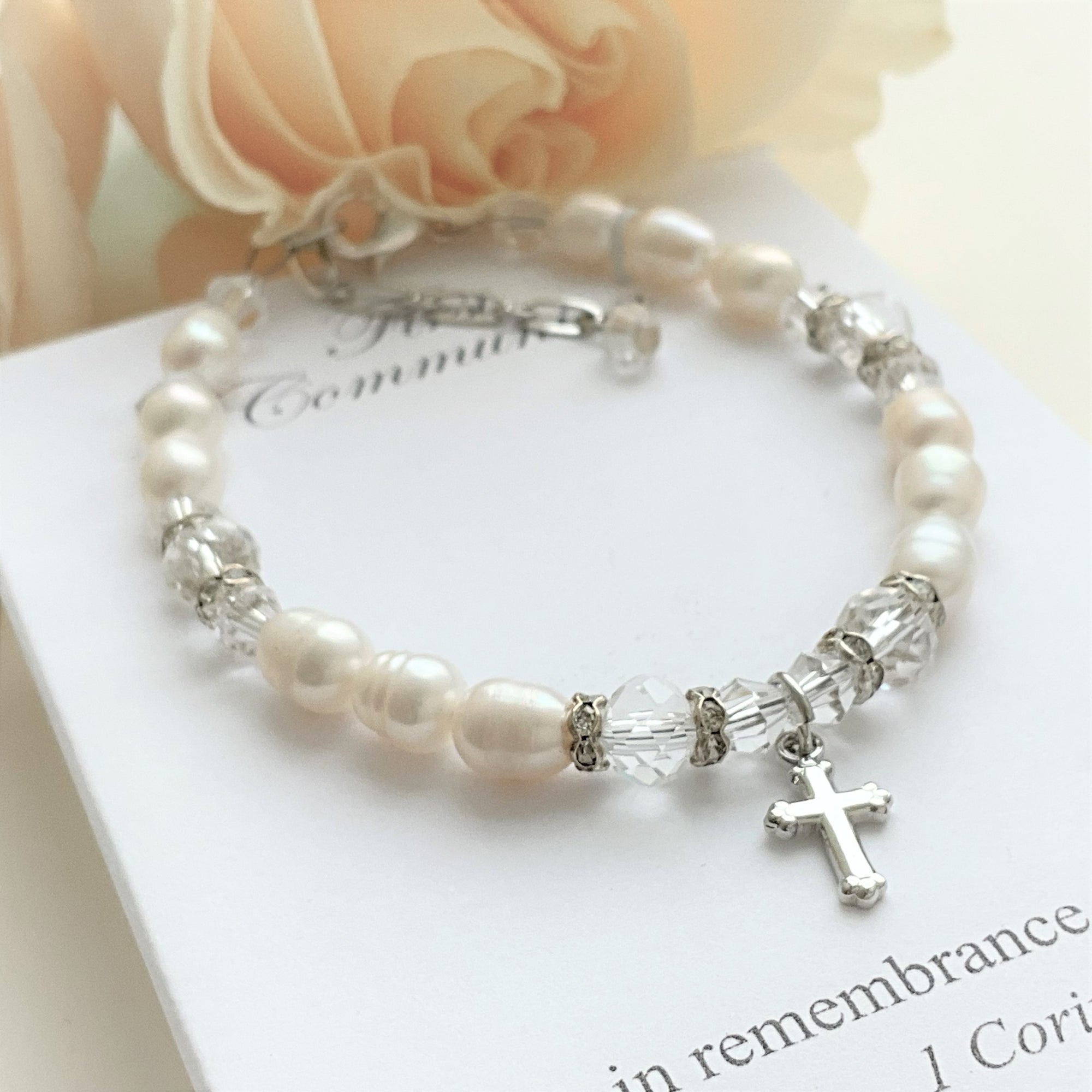 Freshwater Pearl and Swarovski Crystal First Communion Bracelet | First Communion Medal | 6