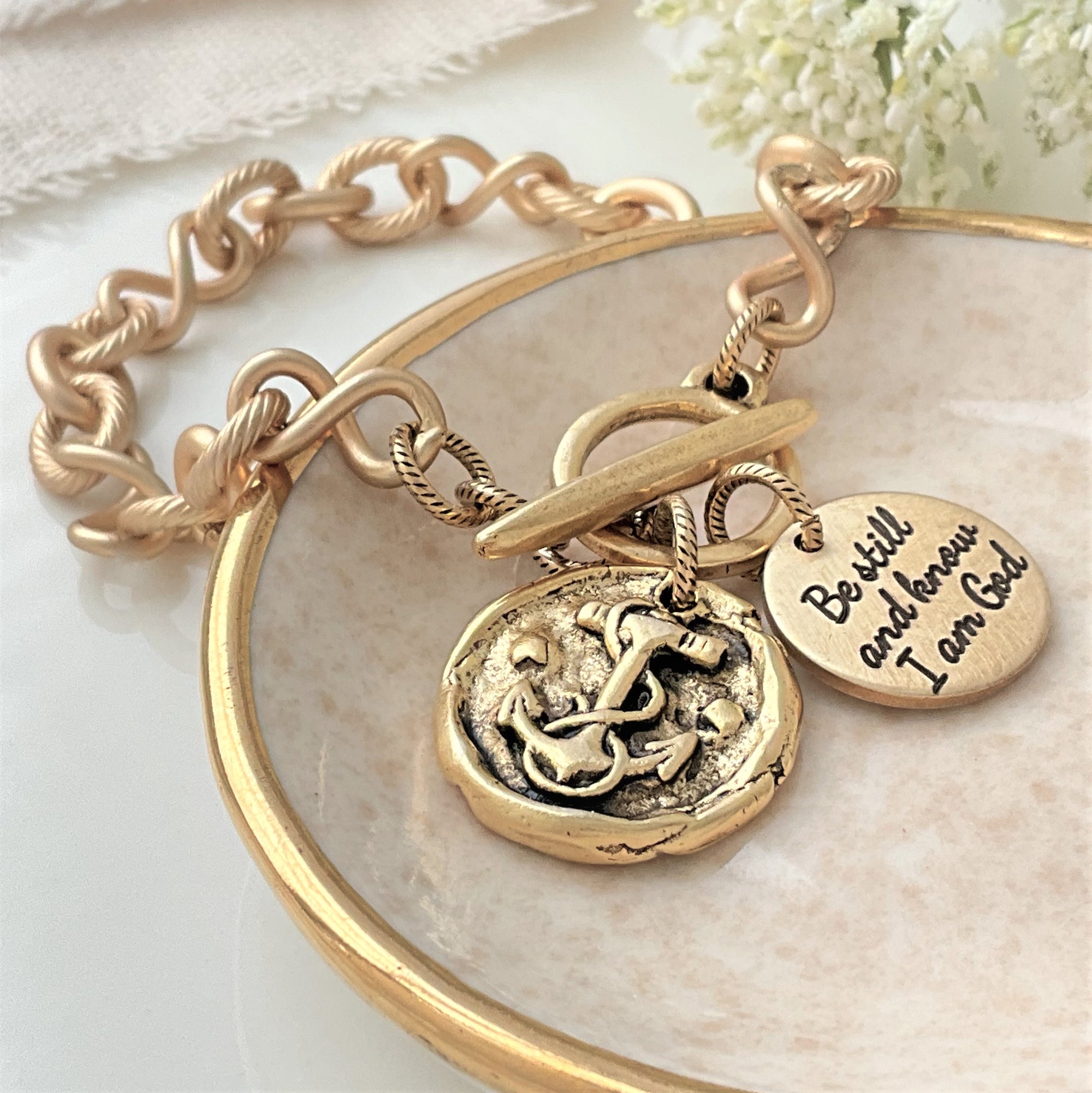 Vintage Gold Wax Seal Cross Charm Bracelet | Select Your Scripture