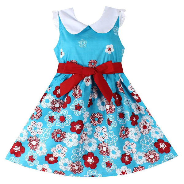 Cute Floral Detachable Belt Blue Girls Summer Dress | Girls Dresses