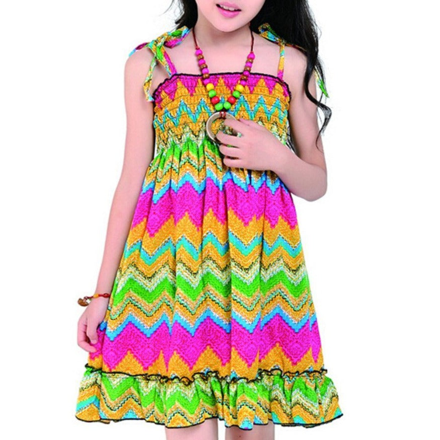 Girls Knee-Length Bohemian Beach Smocked Sleeveless Summer Dress