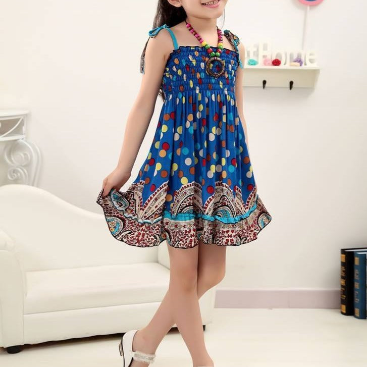 Girls Knee-Length Bohemian Beach Smocked Sleeveless Summer Dress