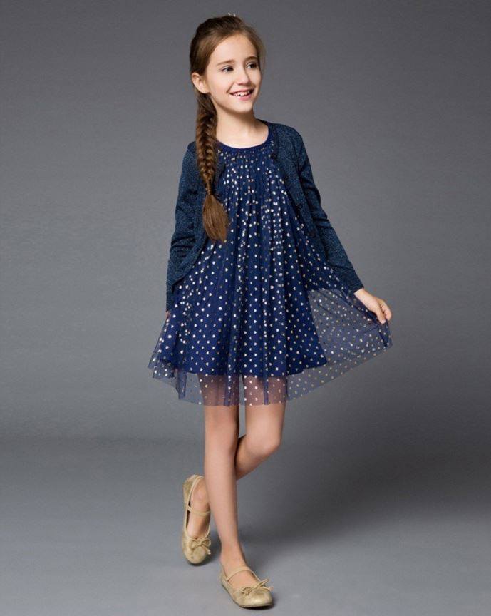 Lovely Heart Print Navy Girls Party Dress | Cheap Girls Dresses Online