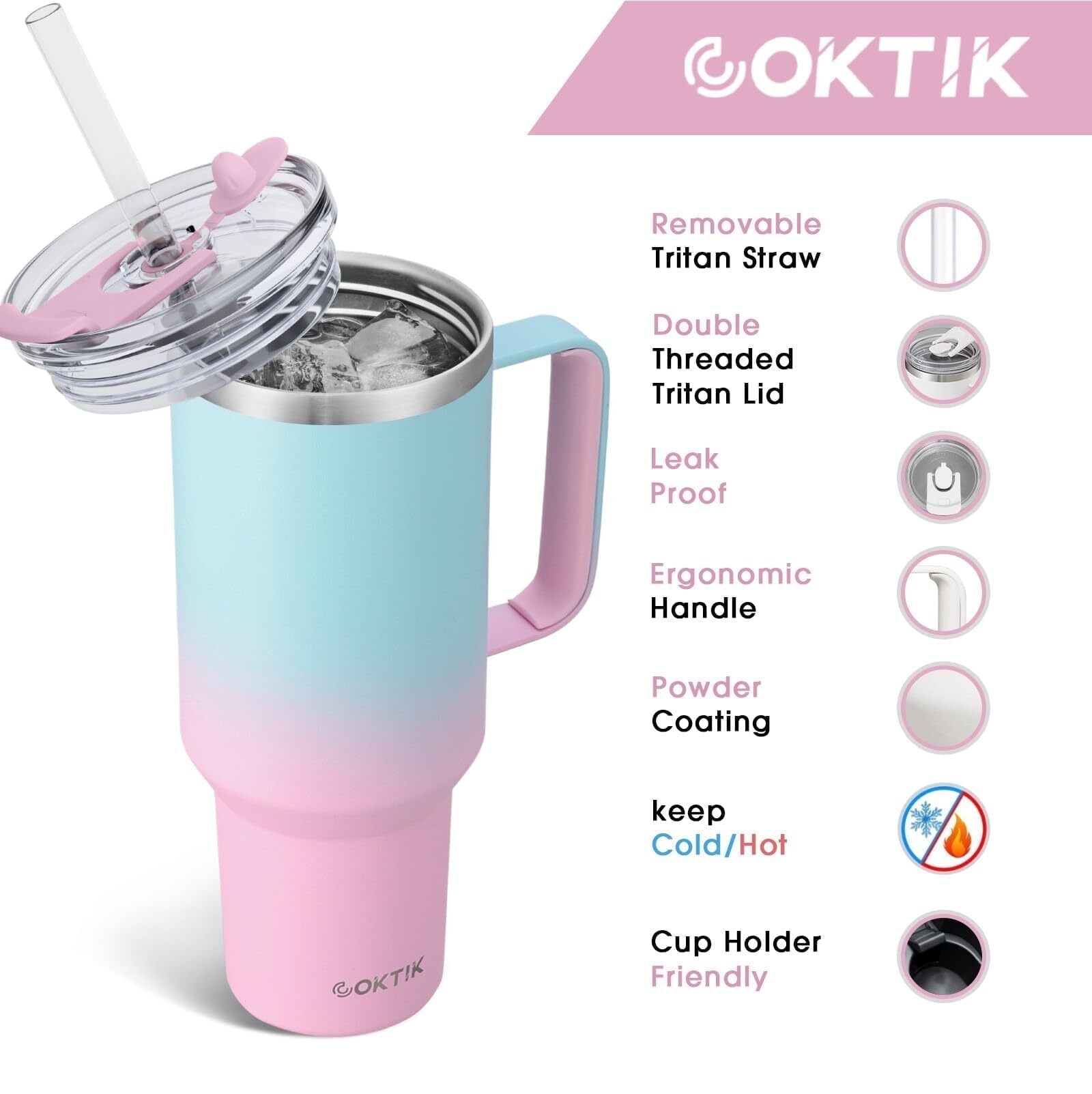 40 oz Tumbler With Handle and Straw Lid, 2-in-1 Lid (Straw/Flip), Vacuum Insulated Travel Mug Stainless Steel Tumbler for Hot and Cold Beverages,Easy to Clean (Bubble Gum)