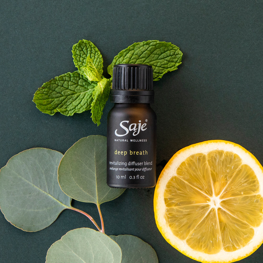 Deep breath diffuser blend against a dark green background surrounded by mint leaves and eucalyptus