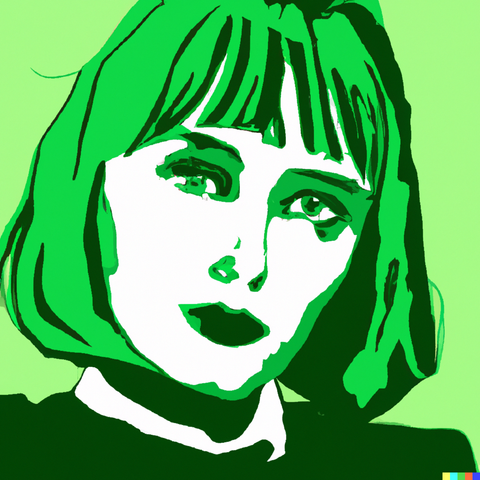 Agnes B peint à la façon Warhol. Couleur verte.