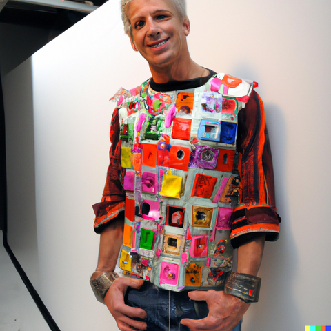 Paco Rabanne by Azala 3. Paco Rabanne wearing an up cycled shirt made from fabric scraps. Upcycling.