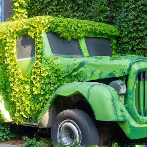 Une voiture verte avec des plantes qui poussent sur la carrosserie
