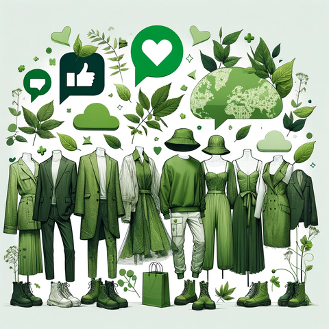 représentant la mode durable, avec des vêtements faits de matériaux recyclés ou éco-responsables, accompagnés de hashtags verts et de likes pour symboliser l'approbation écologique. Ces images illustrent l'importance de la conscience environnementale dans l'industrie de la mode.