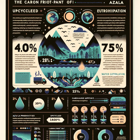 Cette illustration met en avant l'impact environnemental positif du processus d'upcycling d'Azala, soulignant nos réalisations en termes de réduction de l'empreinte carbone et de protection des ressources en eau, en alignement avec notre engagement envers des pratiques de mode écologiques.