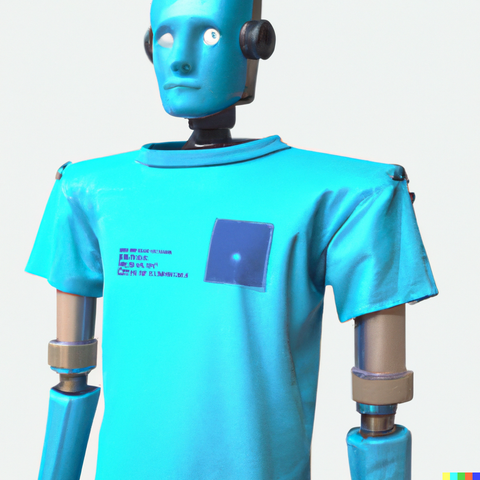 Un robot portant un tee-shirt bleu
